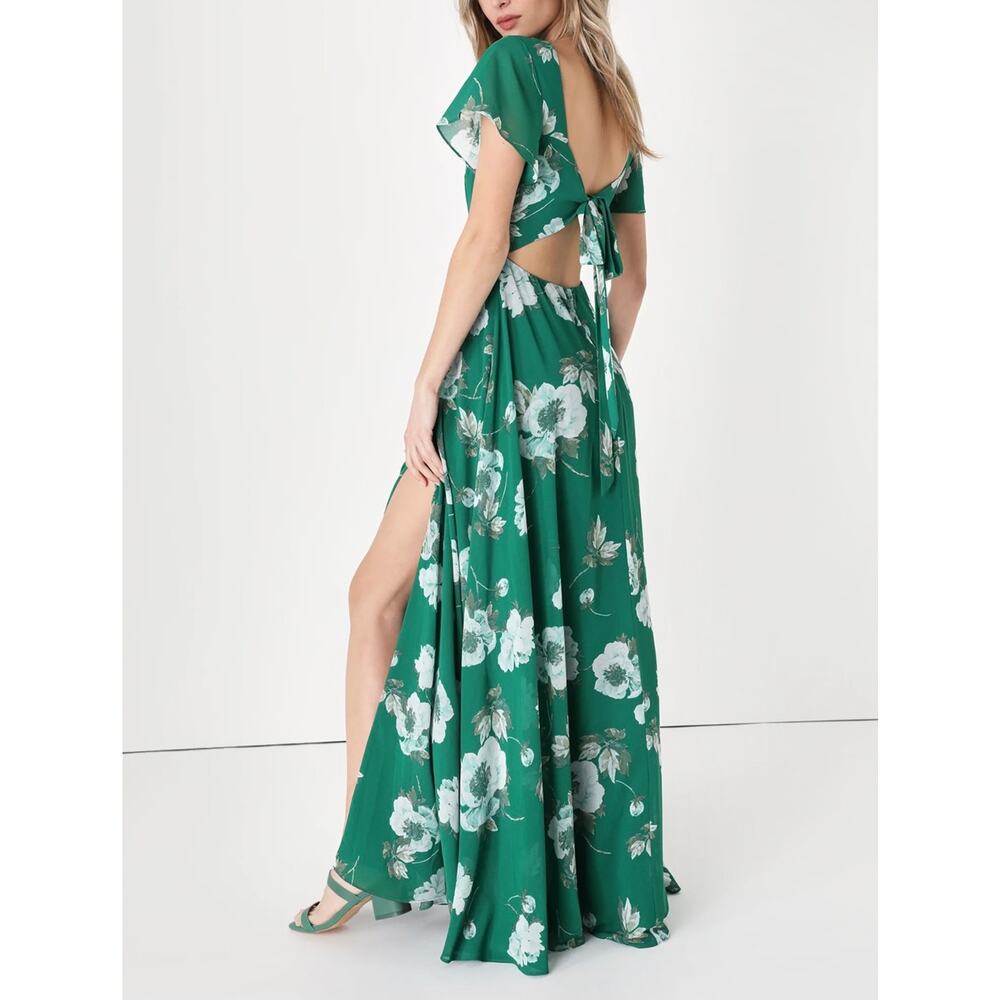 NWOT Lulus Classic Love Green Floral Tie Back Open Back Maxi Dress Size Small - Picture 1 of 13